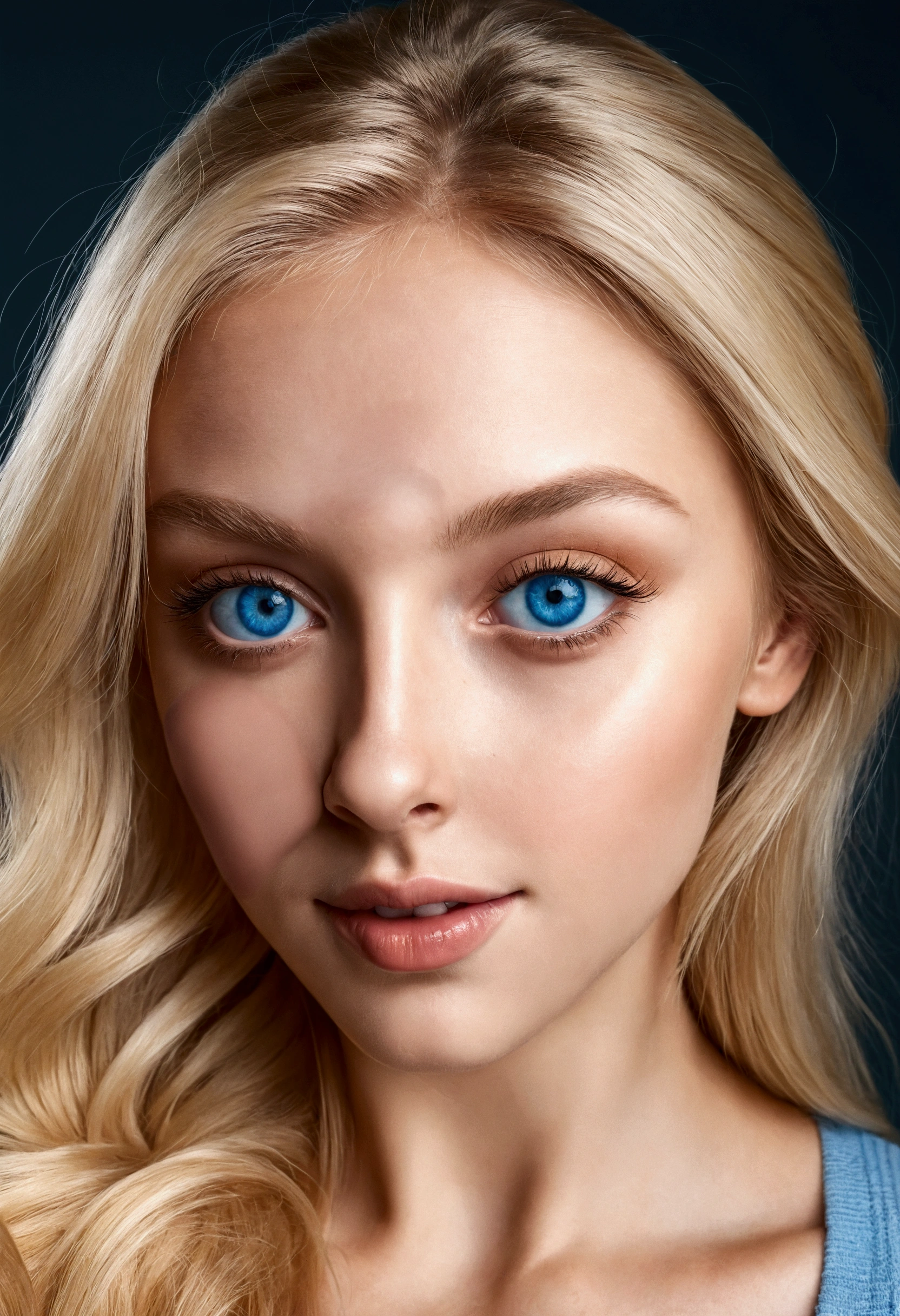 Young beautiful beautiful blonde hyper-realistic blue eyes taking selfie with her phone