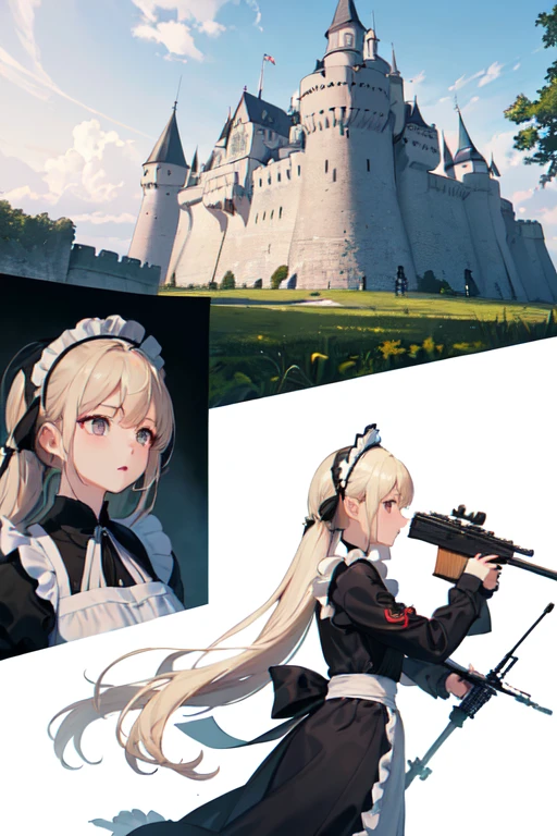 ((Highest quality:1.6)), ((detailed:1.4)), (Ultra-high resolution:1.6)(detailed:1.6), (Perfect Face:1.4), (detailedなイラスト:1.6), (Ultra-high resolution:1.6), girl, A very concentrated face, cute, Blonde, Small breasts, (Black and white maid outfit, Blue ribbon, White apron, Gothic maid outfit, Long), (Above the Battlements, On the wall, Defend the castle, Castle), (Sniperrifleで狙撃:1.6), Sniper, Sniper, Snipe, Sniperrifleを構えてる, rifle, gun, ロングrifle, (Castle Defense, gun撃戦, Looking through the scope, Aim at the enemy, Sniper from the top of the castle, Eyes are enemies, Side angle:1.4), (両手でSniperrifleを構える:1.4), Prostrate