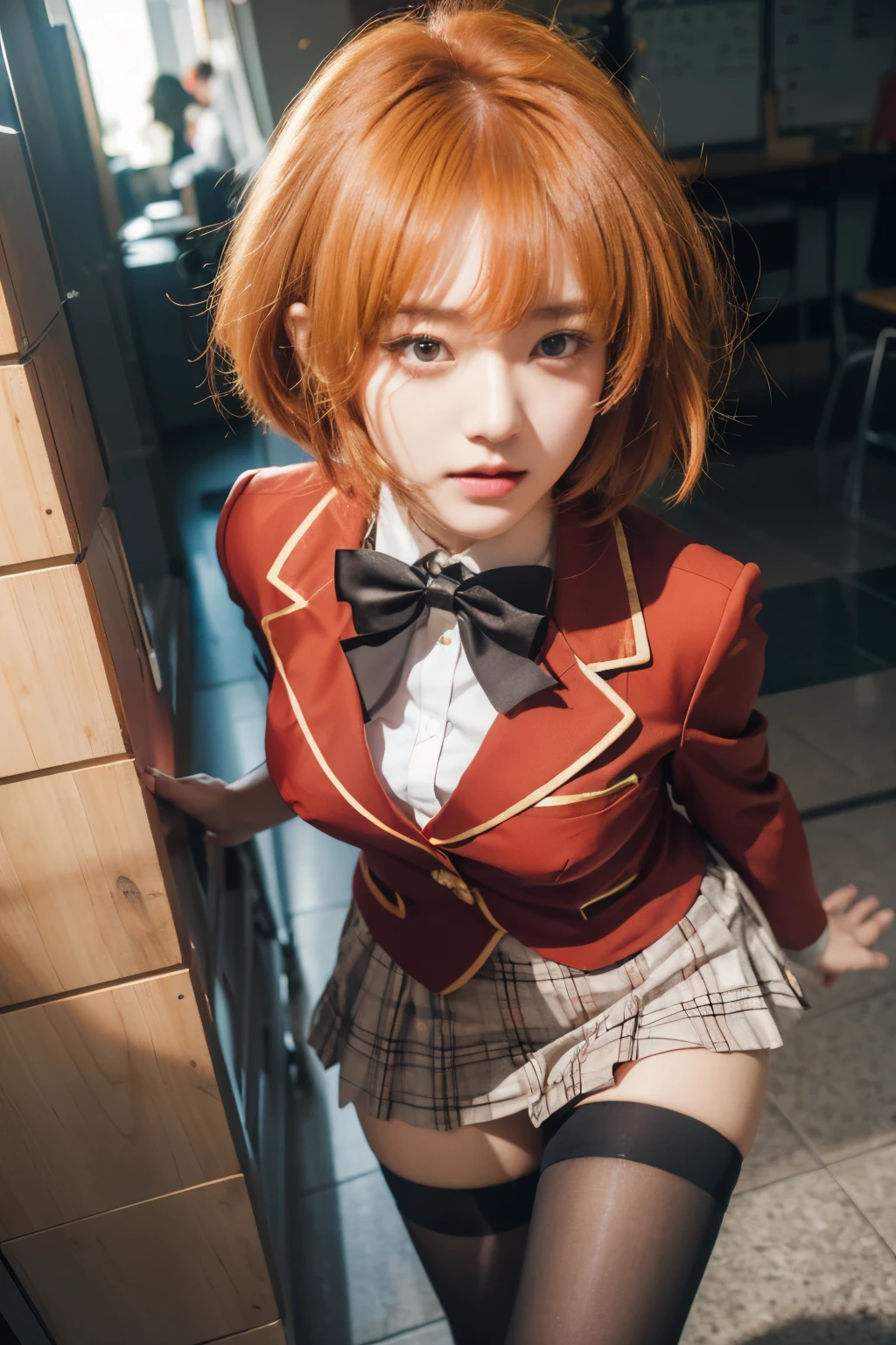 Kikiyou kushida, classroom of the elite, orange hair with bangs, red eyes, friendly face, beautiful Asian face, red highschool uniform clothes, aestetik light effect, (high resolution), (ultra-detailed1.2), (masterpiece), (best quality)