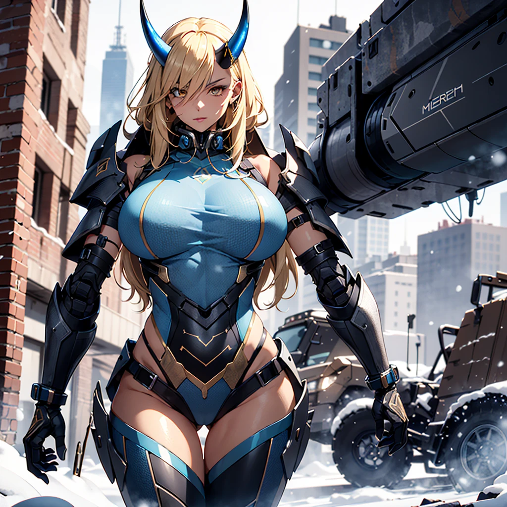 ((best quality)), ((masterpiece)), (detailed), 1girl, 8k_wallpaper, extremely detailed eyes, extremely detailed body, (large masterpiece digital art), ((perfect anatomy huge chest)), (intricate details:1.3 ), (ultra-detailed:1.3), (sharp focus:1.3), (natural lighting:1.05), (vivid colors:1.3), (best quality:1.4), high quality, expressive eyes, detailed face, beautiful face, perfect face, detailed ((blonde hair)), (gold eyes), ((large blue horns)), {{dark skin}}, ({dark skinned female}), gigantic breasts, nipple and belly piercings, beautiful powerful and prominent muscles of the abdomen and legs, powerful muscles of the arms, dressed in heavy combat steel cyber close armor of a dark red steel color, a military radio hanging on her belt, she is dressed in heavy steel closed-type cyber armor, a heavy armored cyber exoskeleton, powerful armor covers her entire body, she stands on a winter evening in the middle of the ruins of the old city next to a fantastic cyber military SUV against the backdrop of high snowy mountains, it is snowing,