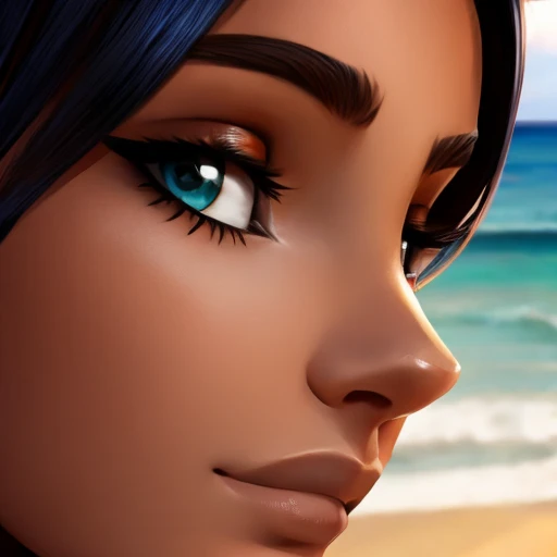 Close up of Nessas face with a beach backround