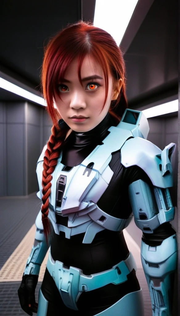 1 Girl、((glowing eyes, red eyes)), Medium Bust、solo、red Hair、Braid、Mobile Race Suit、Shoulder Armor、ceiling、Wide Shot、Looking Ahead、zipup suit 、Closed Mouth、Highest quality、medium quality、22 years old、Mobile Trace System、cockpit、Asian、CyborgCosplay