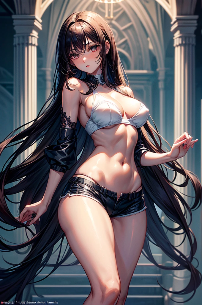 ((highest quality)),(ultra high resolution),(Super detailed), (best work of art), (1 young girl:1.5), beautiful and well-shaped face:1.5,(Beautiful skin with precise and detailed depiction:1.6),(sports bra and waist band hotpants shorts ),gorgeous, masterpiece, best quality, high-resolution, finely detailed, extremely detailed and beautiful, distinct-image, hourglass figure. 1 girl, 18 year old teenager, solo, sharp facial features, oval shaped face. cherry red lips, lightly tanned white skin. velvet-colored eyes, C-cup breasts, tall height(175cm), slim thick yet chiseled body type, flowing waist length dark violet-black hair, small narrow waist, long and slender legs, curvy wide hips, elegant gothic courtyard setting