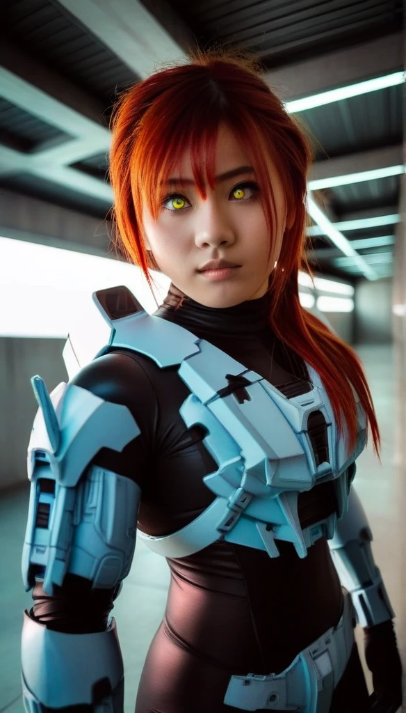 1 Girl、((glowing eyes, red eyes)), Medium Bust、solo、red Hair、Braid、Mobile Race Suit、Shoulder Armor、ceiling、Wide Shot、Looking Ahead、zipup suit 、Closed Mouth、Highest quality、medium quality、22 years old、Mobile Trace System、cockpit、Asian、CyborgCosplay
