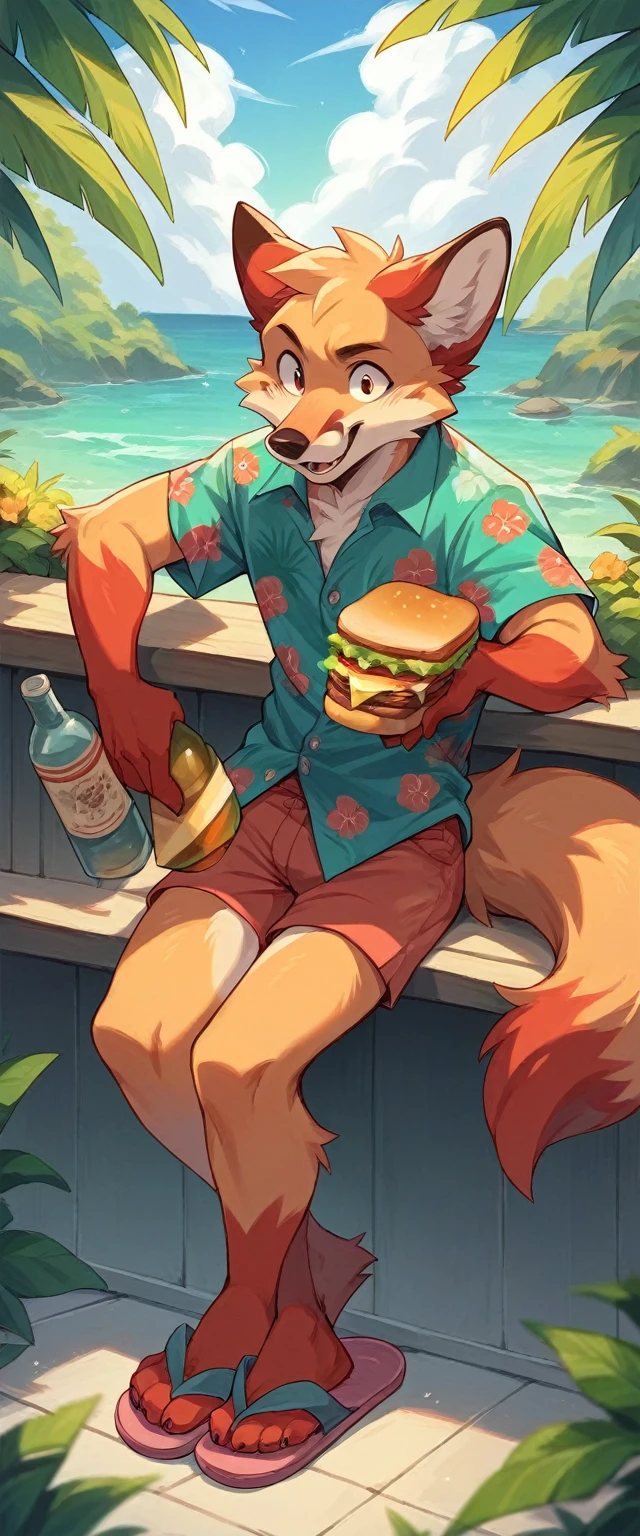 A pale red fluffy fox in a full-length turquoise Hawaiian shirt and flip-flop slippers on either side of him should have his attributes : zippo lighter, bottle of water, sandwich