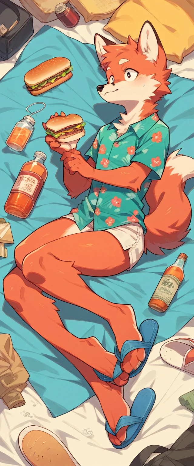 A pale red fluffy fox in a full-length turquoise Hawaiian shirt and flip-flop slippers on either side of him should have his attributes : zippo lighter, bottle of water, sandwich
