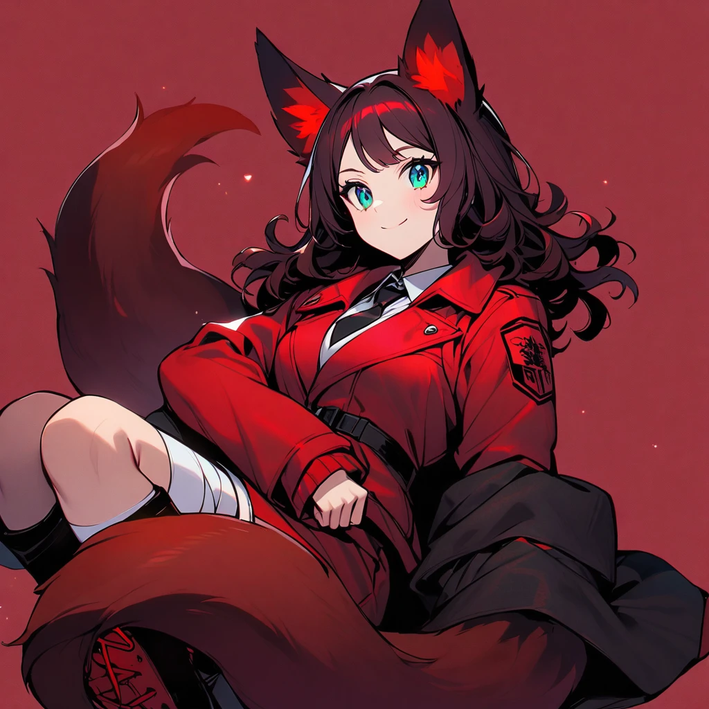 (well done: 1) woman, short red, slightly wavy hair, red fox ears and tail, bulky red winter jacket with black details, white shirt, black tie, white shorts, knee bandage, red sneakers.