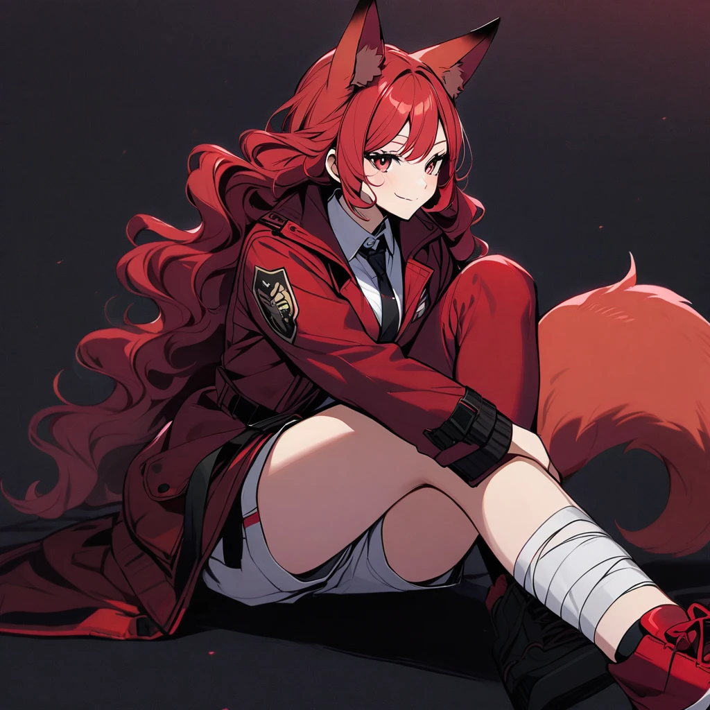 (well done: 1) woman, short red, slightly wavy hair, red fox ears and tail, bulky red winter jacket with black details, white shirt, black tie, white shorts, knee bandage, red sneakers.