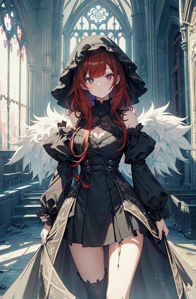 extremelydetailedwallpaper, Ultra-detailed details, detailed shadow, very precise detail, Extremely detailed 8k wallpaper, very fine 8KCG wallpapers,An old abandoned church.  Her black dress was torn and stained in some places. red hair was long and fluffy. Light enters through cracked stained glass windows.