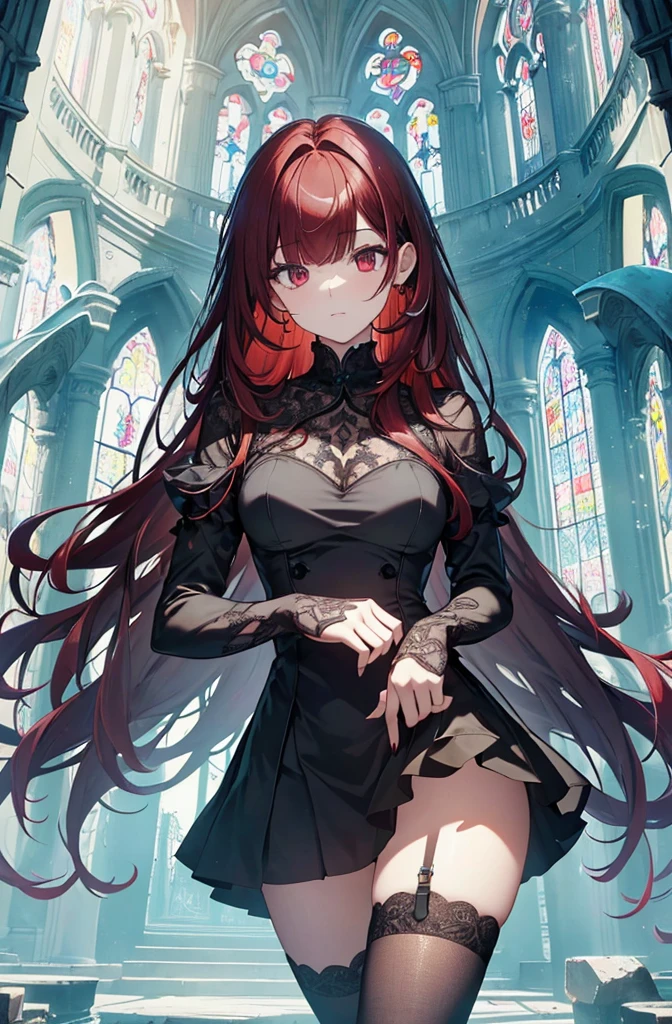 extremelydetailedwallpaper, Ultra-detailed details, detailed shadow, very precise detail, Extremely detailed 8k wallpaper, very fine 8KCG wallpapers,An old abandoned church.  Her black dress was torn and stained in some places. red hair was long and fluffy. Light enters through cracked stained glass windows.