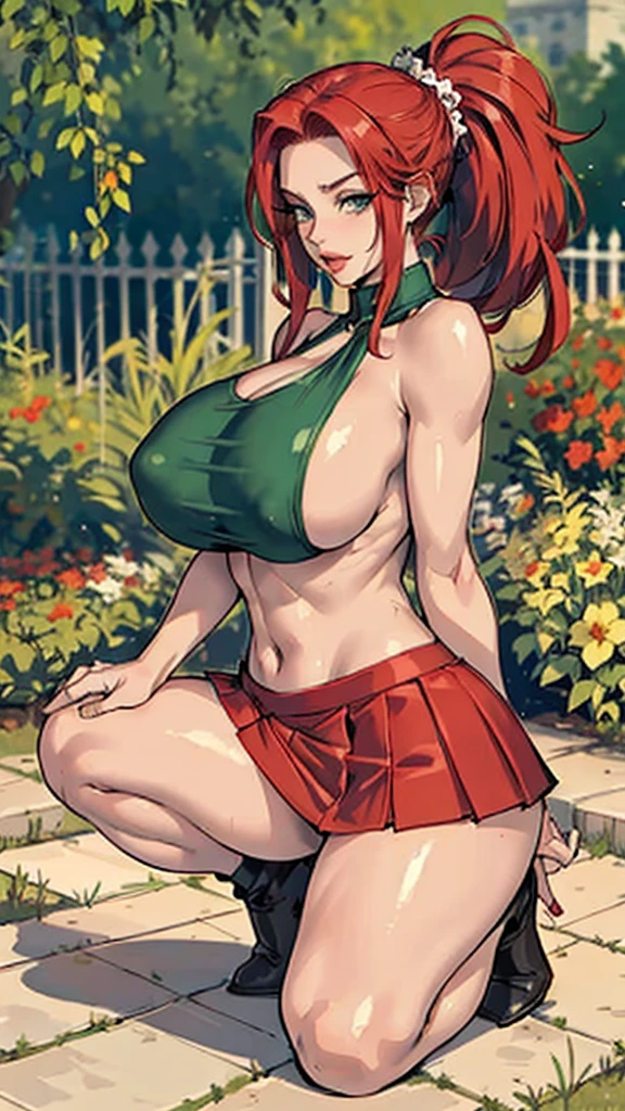 ((Red hair)), green eyes, long hair up to half with buns, huge bust, ((full lips)), ((masterpiece)), ((detailed)), ((Topless)), pink puffy nipples, ((miniskirt)), ((Best Quality)), ((garden)), huge breasts, ((bright)), (pretty eyes), looking away, huge tits, squatting pose, full body view, spread legs