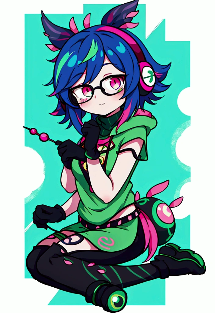 Neeko ((highest quality)), ((masterpiece)), (be familiar with), perfect face,white half-up hair,green mesh hair,Pink eyes,round glasses,cool black hoodie,headphones,black gloves,turtleneck,alone,icon