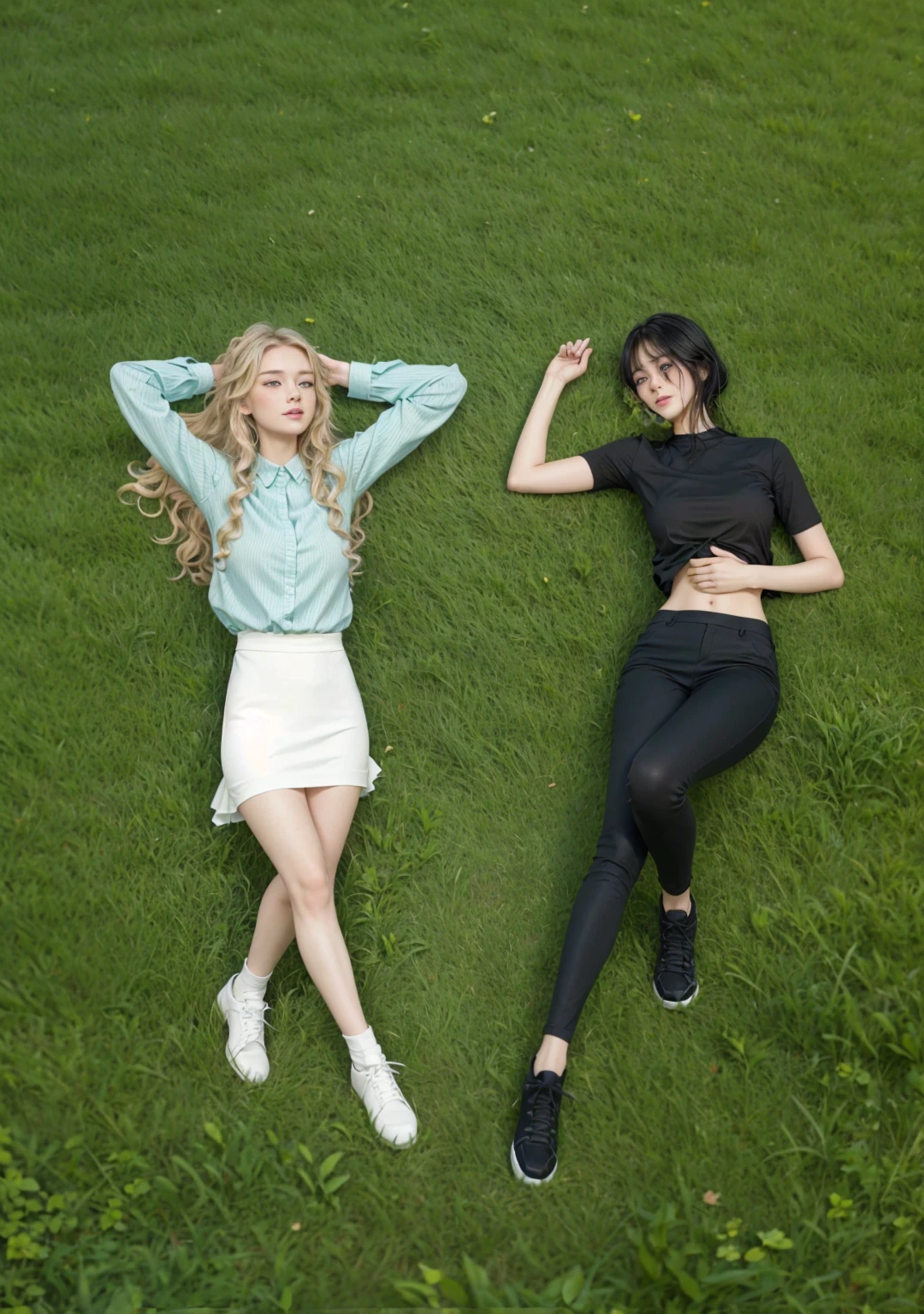 2 girls lying on the grass looking at each other, One has long, wavy blonde hair and green eyes.. the other has short straight black hair and bangs, Asian blue eyes