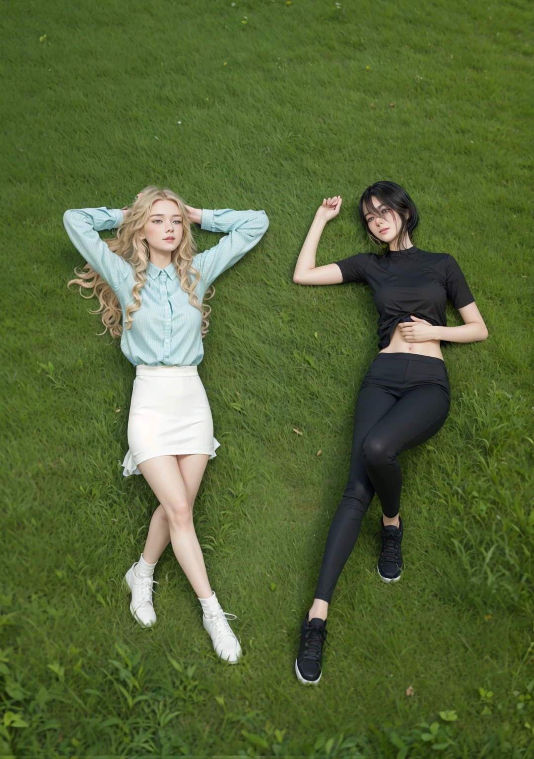 2 girls lying on the grass looking at each other, One has long, wavy blonde hair and green eyes.. the other has short straight black hair and bangs, Asian blue eyes 