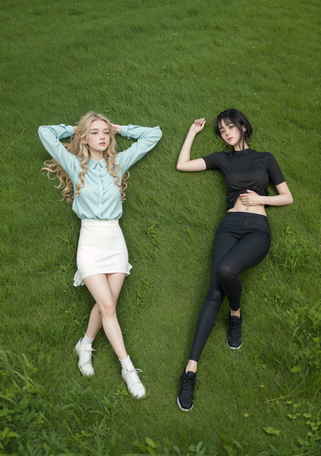 Two girls lying on the grass, looking at each other smiling, one is blonde with long wavy hair and green eyes, the other has short black hair and bangs and blue eyes
