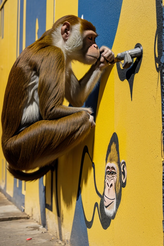 Monkey painting a wall yellow 