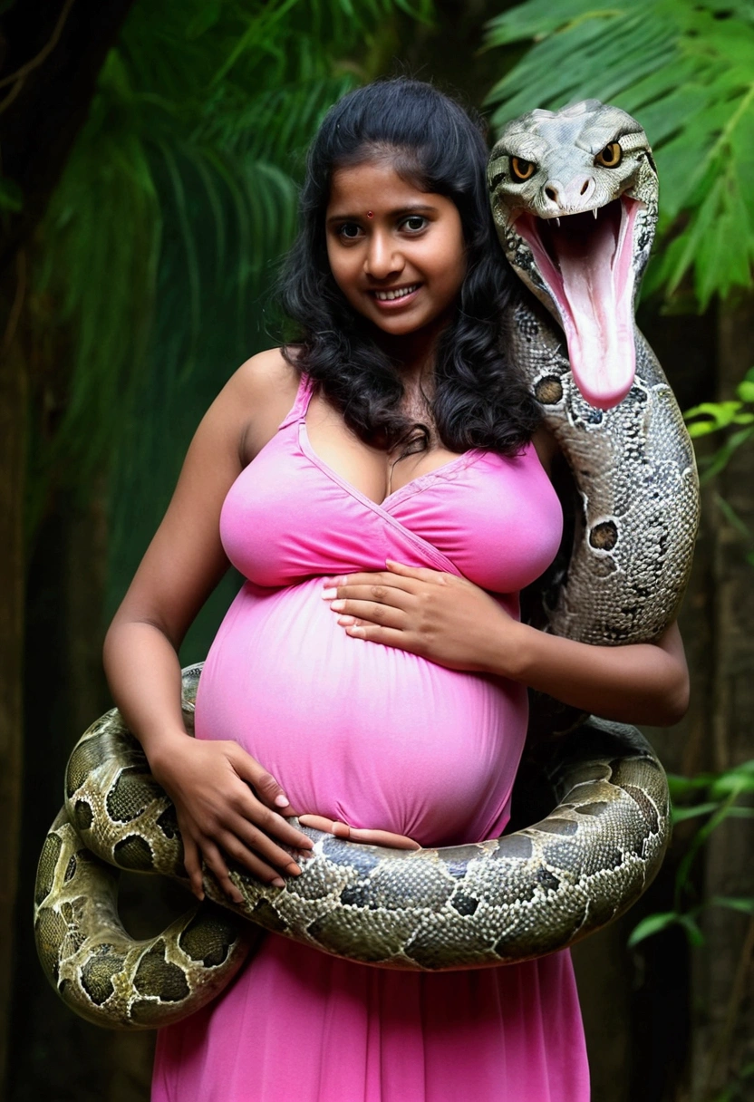  Pregnant Happy Horny, aroused 1girl), beautiful indian  girl  wearing pink  thong with  giant colossal  Kaa  monster squeezing her hard, wrapped in thick spiraling coils, constricted, struggle, gasping for air, snake attack, snake peril,