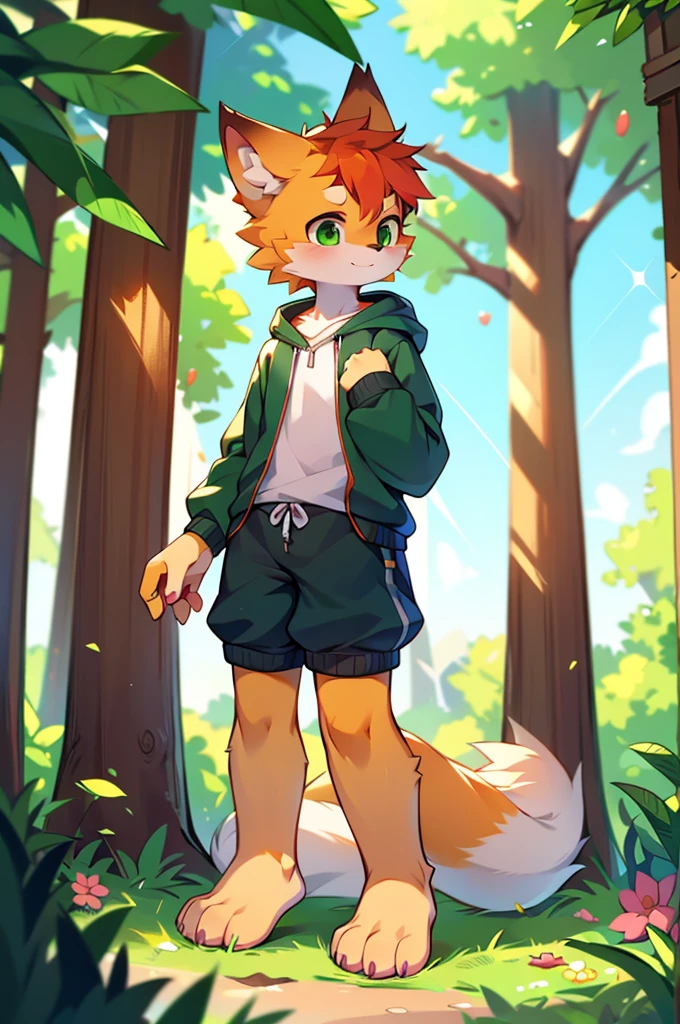 Furry,Fox,boy,8k resolution,最High resolution, High resolution,Wearing a hoodie,Green Eyes,summer,Stand on your feet,Two legs,Five fingers on a hand,Five toes,tall,:tall stature,slim,fit