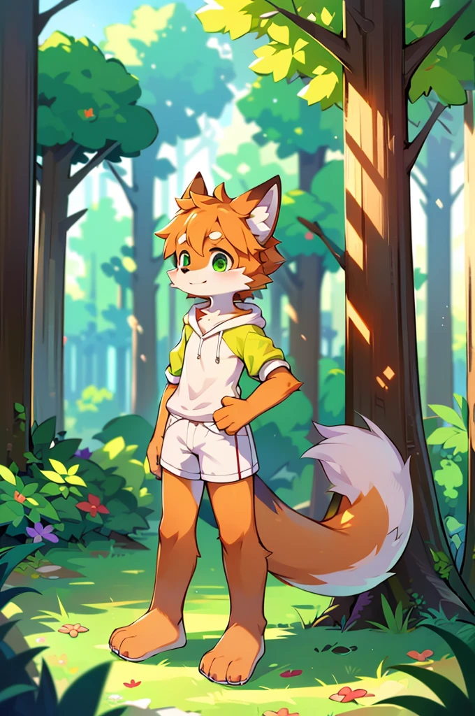 Furry,Fox,boy,8k resolution,最High resolution, High resolution,Wearing a hoodie,Green Eyes,summer,Stand on your feet,Two legs,Five fingers on a hand,Five toes,tall,:tall stature,slim,fit