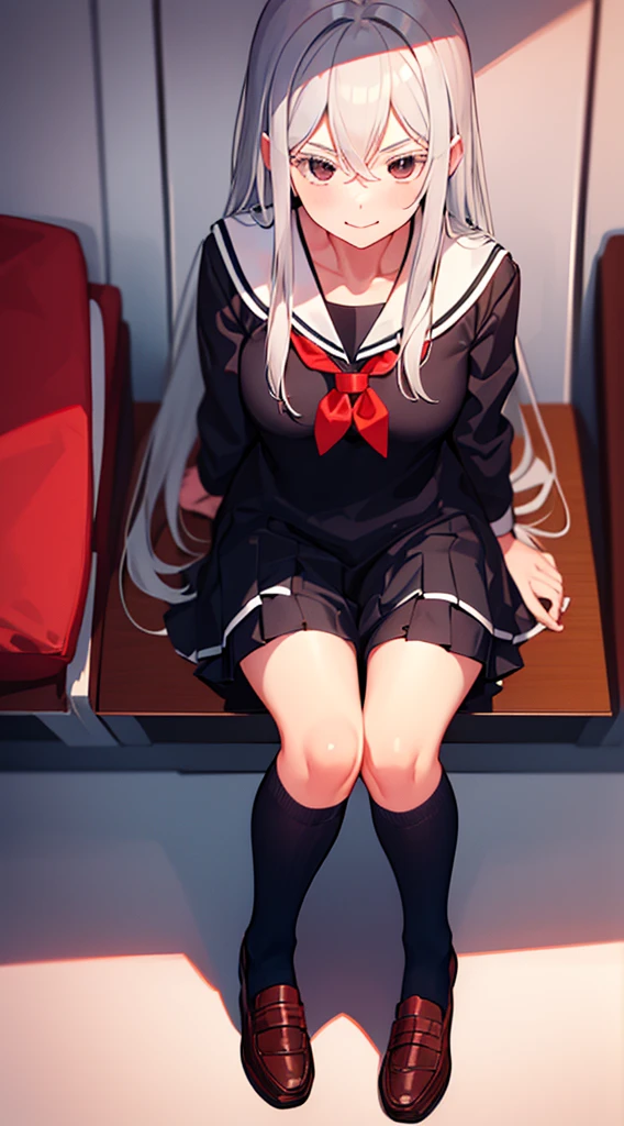 school sailor uniform, at school, near shoe lockers, arrogant expression, domineering smile, masterpiece, best quality, silver hair, black eyes, shirt lift, panties, fingering