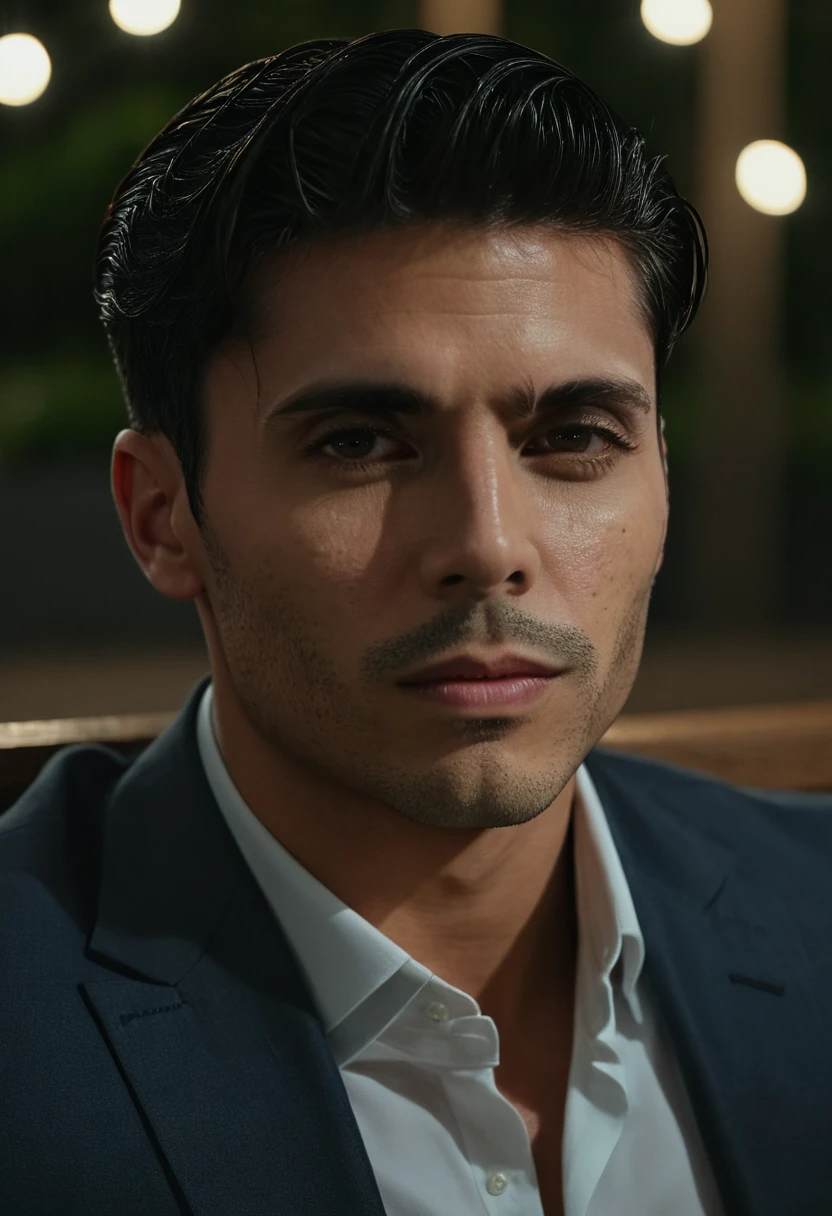 gu,a handsome man in a party, sitting on a bench, looking to the side, detailed facial features, sharp focus, 8k, photorealistic, professional photography, dramatic lighting, cinematic composition, elegant attire, high-quality, hyperrealistic, intricate details, flawless skin, intense gaze, natural expression, chiaroscuro lighting, dramatic shadows, warm color tones, sophisticated style, luxurious environment