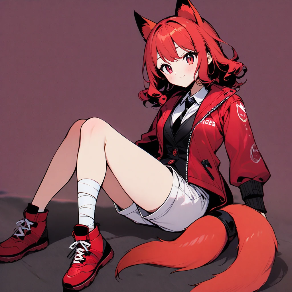 (well done: 1) woman, short red, slightly wavy hair, red fox ears and tail, bulky red winter jacket with black details, white shirt, black tie, white shorts, knee bandage, red sneakers.