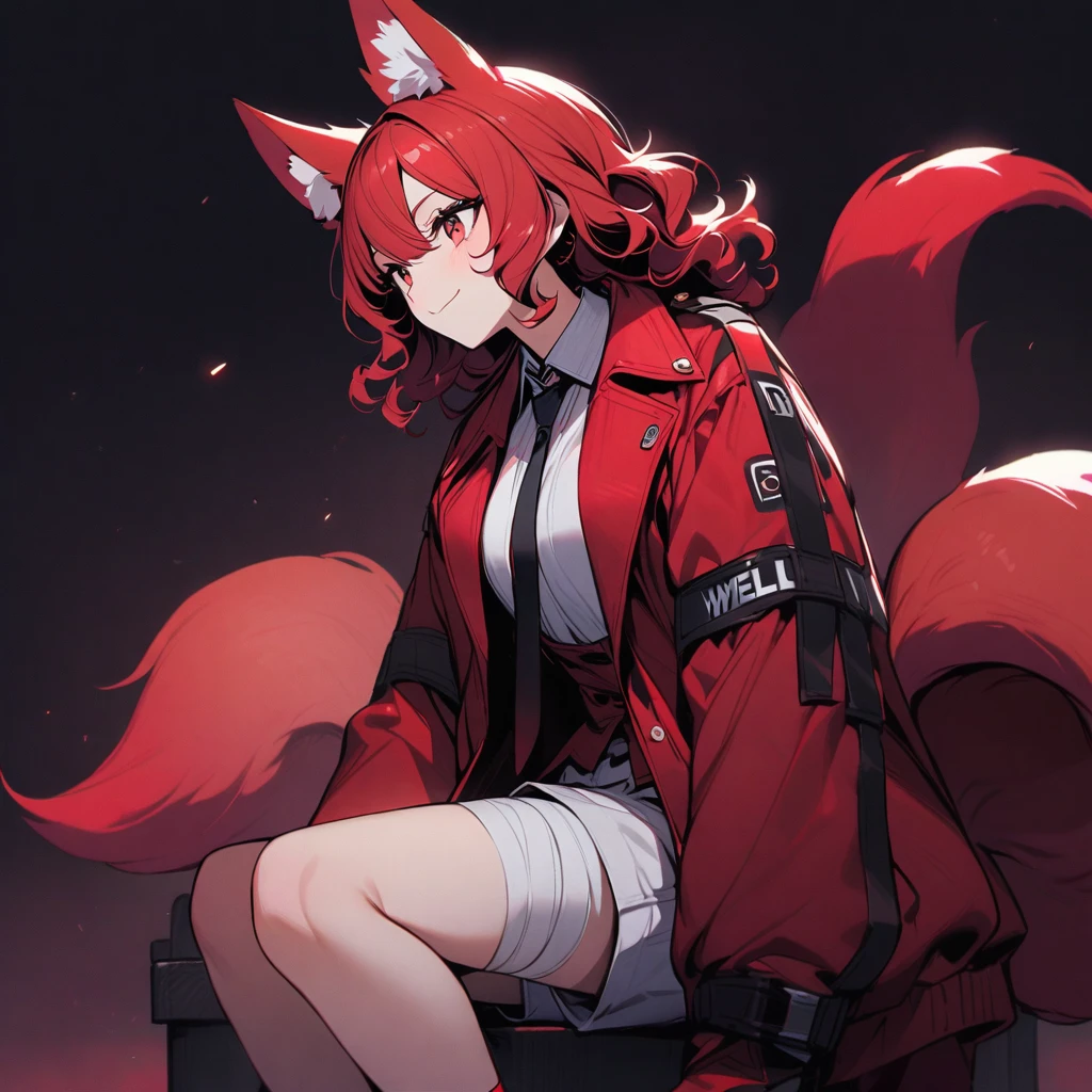 (well done: 1) woman, short red, slightly wavy hair, red fox ears and tail, bulky red winter jacket with black details, white shirt, black tie, white shorts, knee bandage, red sneakers.