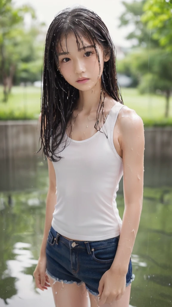 ((Top Quality, 8k, Masterpiece: 1.4)), japanese woman, ((blush, very long cut hair, skinny:1.2)), ((************:1,2)), ((looking at viewer:1.4)), full body, ((wet white tanktop:1.3))