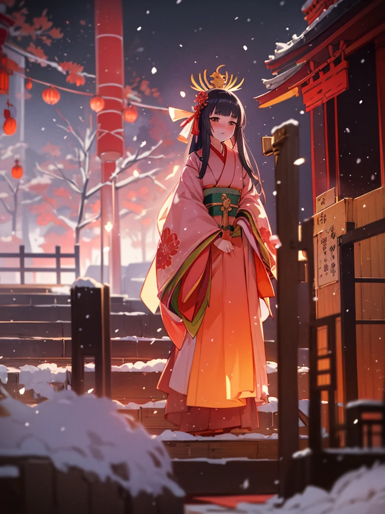 (Sumilux f1.4 50mm , low Latitude old color negative film , cross process , bokeh, flare, chromatic aberration , soft focus, (Shallow focus) , soft glow , Maximum aperture, High Key , Transparent depiction) , kawaii hentai anime , Elegance erotica , Japanese Heian period , Shrine maiden girl, kitsune mask , (round Maro eyebrows) , kimono , (Peony flowers blooming:0.8) , Snow is falling , steamy breath , Kagura Dance , passion , Drinking amazake , Drunkard , seduce , Hyakki yagyo emaki , Demons and monsters run rampant , Clothes come undone