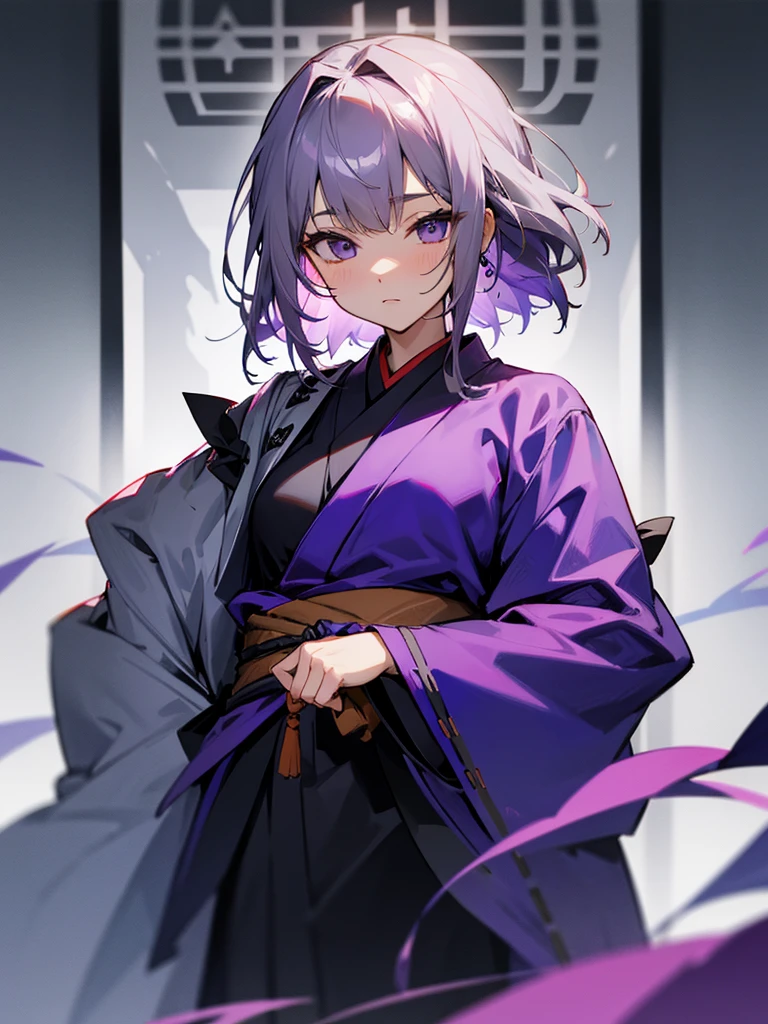 Look forward、On the left is a purple haori jacket draped over a black kimono.、Gray Hair