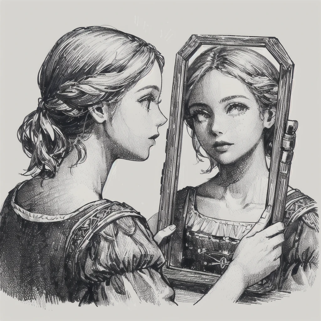 a drawing of a girl looking in a mirror, with a mirror