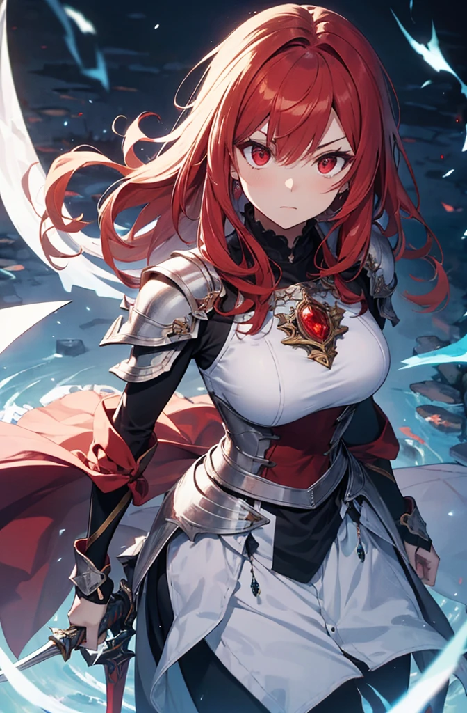 4k,hight resolution,One Woman,Bright red hair,Longhaire,red eyes,knights,white sacred armor,jewel decorations,Big sword,medieval town,furious,