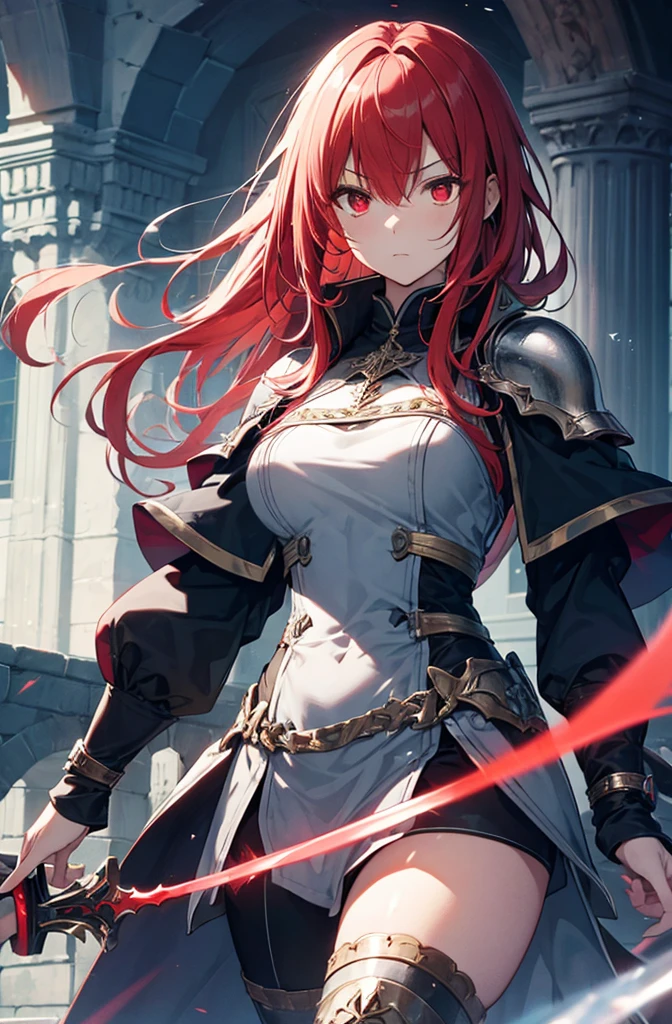 4k,hight resolution,One Woman,Bright red hair,Longhaire,red eyes,knights,white sacred armor,jewel decorations,Big sword,medieval town,furious,