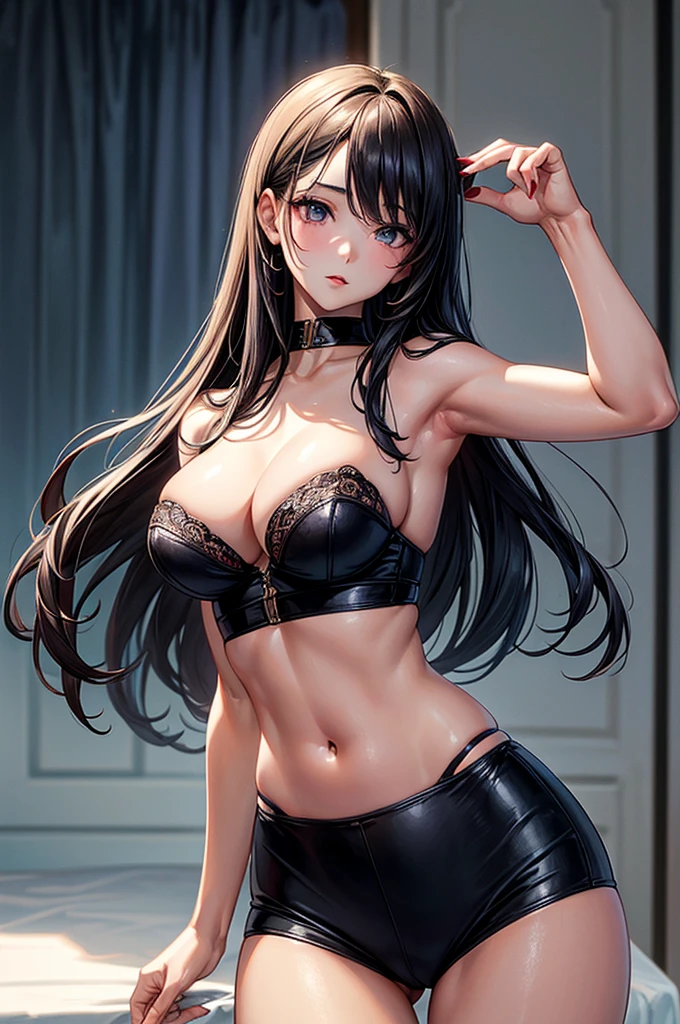 ((highest quality)),(ultra high resolution),(Super detailed), (best work of art), (1 young girl:1.5), beautiful and well-shaped face:1.5,(Beautiful skin with precise and detailed depiction:1.6),(sports bra and waist band hotpants shorts ),gorgeous, masterpiece, best quality, high-resolution, finely detailed, extremely detailed and beautiful, distinct-image, hourglass figure. 1 girl, 18 year old teenager, solo, sharp facial features, oval shaped face. cherry red lips, lightly tanned white skin. velvet-colored eyes, C-cup breasts, tall height(175cm), slim thick yet chiseled body type, flowing waist length dark violet-black hair, small narrow waist, long and slender legs, curvy wide hips, elegant gothic courtyard setting