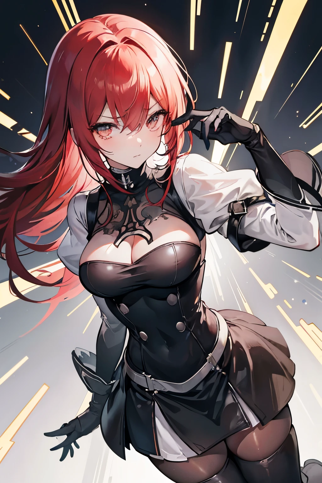 In this mesmerizing image, Makise Kurisu from Steins;Gate transforms into the enigmatic 2B from NieR: Automata. Kurisu's iconic red hair, now styled in a sleek chignon, perfectly accentuates her sophisticated demeanor while blending seamlessly with the elegant black dress reminiscent of 2B's attire. The eye mask adds a mysterious allure, its outline mirroring the distinctive shape of 2B's mask. Gloves and tall boots complete the ensemble, showcasing a harmonious blend of both characters' styles.

The dynamic pose exudes 2B's strength and grace, with Kur