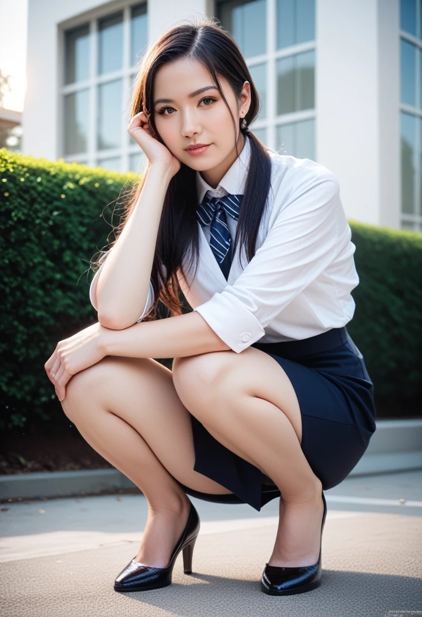 8k, raw photo, best quality, masterpiece, realistic, photo realistic, clear, professional lighting, beautiful face, best quality,ultra high res, realistic japanese beautiful, Super detailed, 1girl, clothed, outdoor, squatting, full body