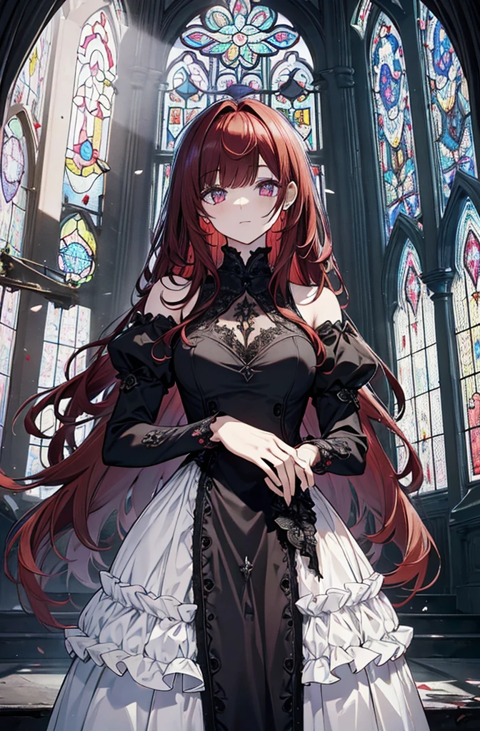 extremelydetailedwallpaper, Ultra-detailed details, detailed shadow, very precise detail, Extremely detailed 8k wallpaper, very fine 8KCG wallpapers,An old abandoned church. Her black dress was torn and stained in some places. red hair was long and fluffy. Light enters through cracked stained glass windows.