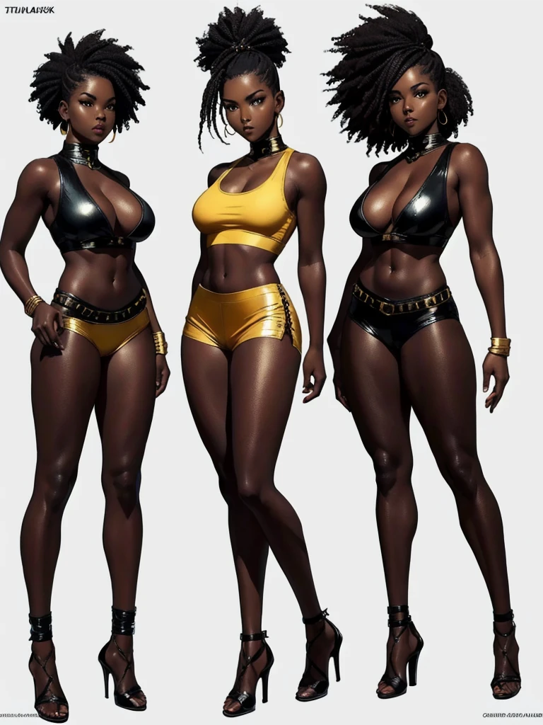 ((best quality)), ((4k)), ((highres)), ((masterpiece:1.2)). ((detailed)), ((ultra realistic)), ((intricate details)), ((full body picture)), ((character design sheet)), ((solo character)), a full body picture of a beautifull Ebony skinned female, black woman, dark skin, perfect face, detailed eyes, detailed lips, about 25 years old, about 5'5 ft. tall, punk black woman, punk style, side shaved CURLY hair ((emphasis on her side shaved CURLY hair)), muscular body, hourglass body type, thick and muscular, dressed in a golden top ((emphasis on her gold tank top)), and black leather shorts, high heels, fighting game character concept art, tekken character design, the king of fighters character concept, full bofy, full body concept art, full body art