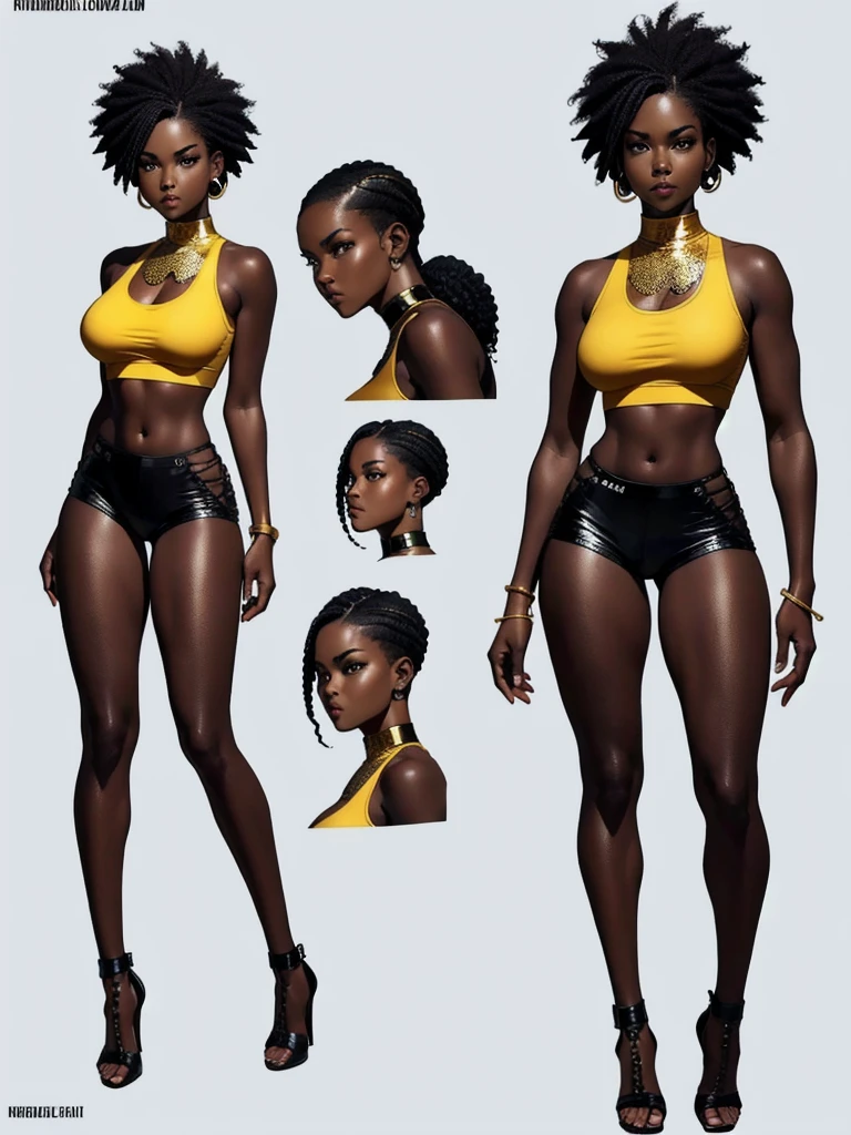 ((best quality)), ((4k)), ((highres)), ((masterpiece:1.2)). ((detailed)), ((ultra realistic)), ((intricate details)), ((full body picture)), ((character design sheet)), ((solo character)), a full body picture of a beautifull Ebony skinned female, black woman, dark skin, perfect face, detailed eyes, detailed lips, about 25 years old, about 5'5 ft. tall, punk black woman, punk style, side shaved CURLY hair ((emphasis on her side shaved CURLY hair)), muscular body, hourglass body type, thick and muscular, dressed in a golden top ((emphasis on her gold tank top)), and black leather shorts, high heels, fighting game character concept art, tekken character design, the king of fighters character concept, full bofy, full body concept art, full body art