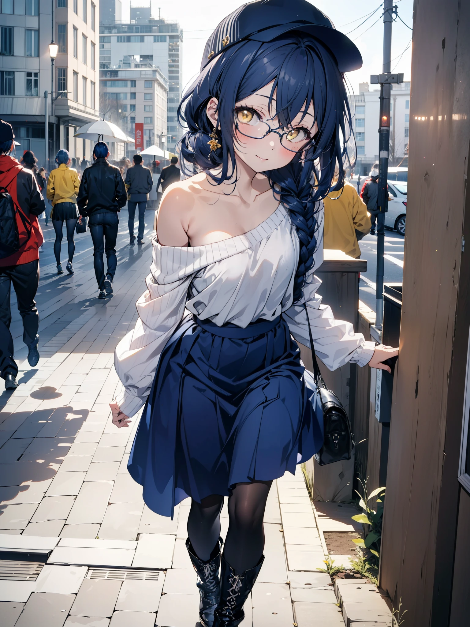 you like it, Umi Sonoda, Long Hair, Blue Hair, (Yellow Eyes:1.5) (Flat Chest:1.2),Blue one-shoulder sweater,Long skirt,Black pantyhose,short boots,Baseball hats,Black-rimmed glasses,Long braids,smile,Walking,morning,morning陽,The sun is rising,On the way to school,whole bodyがイラストに入るように,
break looking at viewer,whole body,
break outdoors, station,
break (masterpiece:1.2), Highest quality, High resolution, unity 8k wallpaper, (figure:0.8), (Beautiful attention to detail:1.6), Highly detailed face, Perfect lighting, Highly detailed CG, (Perfect hands, Perfect Anatomy),