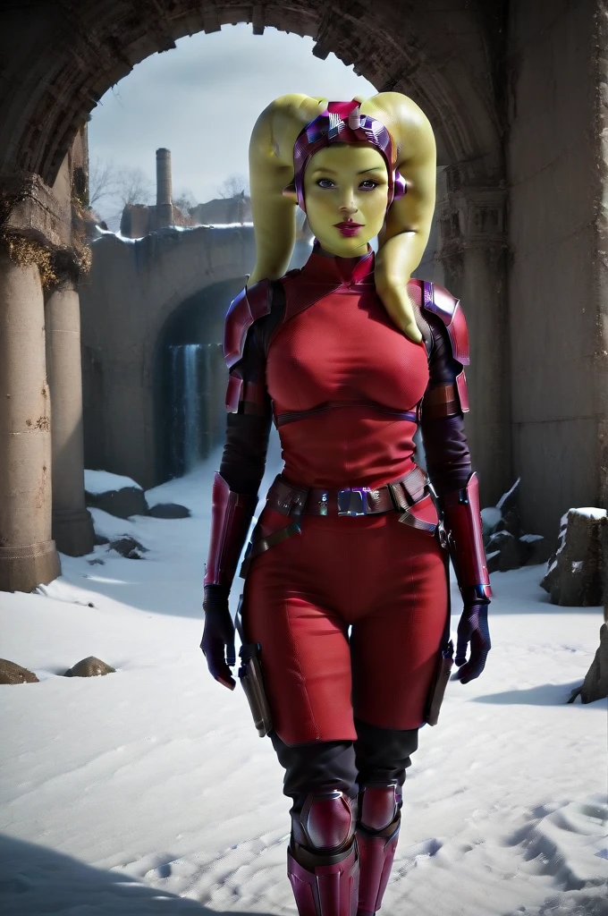 a ((fall body)) (((hera syndulla))) ((green skin )) ((female twi'lek ))mandalorian,walking on snow coverd ruins , ((green fire eyes )) , beautiful detailed eyes, beautiful detailed lips, extremely detailed face, long eyelashes, mandalorian armor, sci-fi, cinematic lighting, dramatic, epic, intricate details, hyper-realistic, 8k, high-quality, photorealistic
