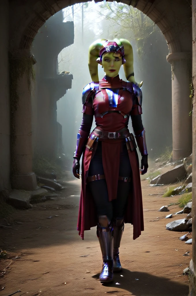 a ((fall body)) (((hera syndulla))) ((green skin )) ((female twi'lek ))mandalorian,walking on snow coverd ruins , ((green fire eyes )) , beautiful detailed eyes, beautiful detailed lips, extremely detailed face, long eyelashes, mandalorian armor, sci-fi, cinematic lighting, dramatic, epic, intricate details, hyper-realistic, 8k, high-quality, photorealistic