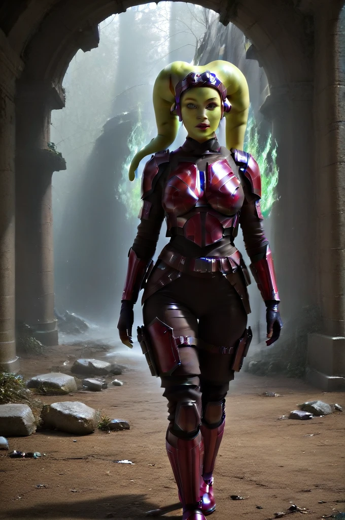 a ((fall body)) (((hera syndulla))) ((green skin )) ((female twi'lek ))mandalorian,walking on snow coverd ruins , ((green fire eyes )) , beautiful detailed eyes, beautiful detailed lips, extremely detailed face, long eyelashes, mandalorian armor, sci-fi, cinematic lighting, dramatic, epic, intricate details, hyper-realistic, 8k, high-quality, photorealistic
