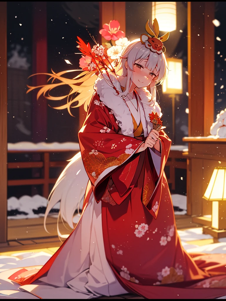 (Sumilux f1.4 50mm , low Latitude old color negative film , cross process , bokeh, flare, chromatic aberration , soft focus, (Shallow focus) , soft glow , Maximum aperture, High Key , Transparent depiction) , kawaii hentai anime , Elegance erotica , Japanese Heian period , Shrine maiden girl, kitsune mask , (round Maro eyebrows) , kimono , (Peony flowers blooming:0.8) , Snow is falling , steamy breath , Kagura Dance , passion , Drinking amazake , Drunkard , seduce , Hyakki yagyo emaki , Demons and monsters run rampant , Clothes come undone , semi nude