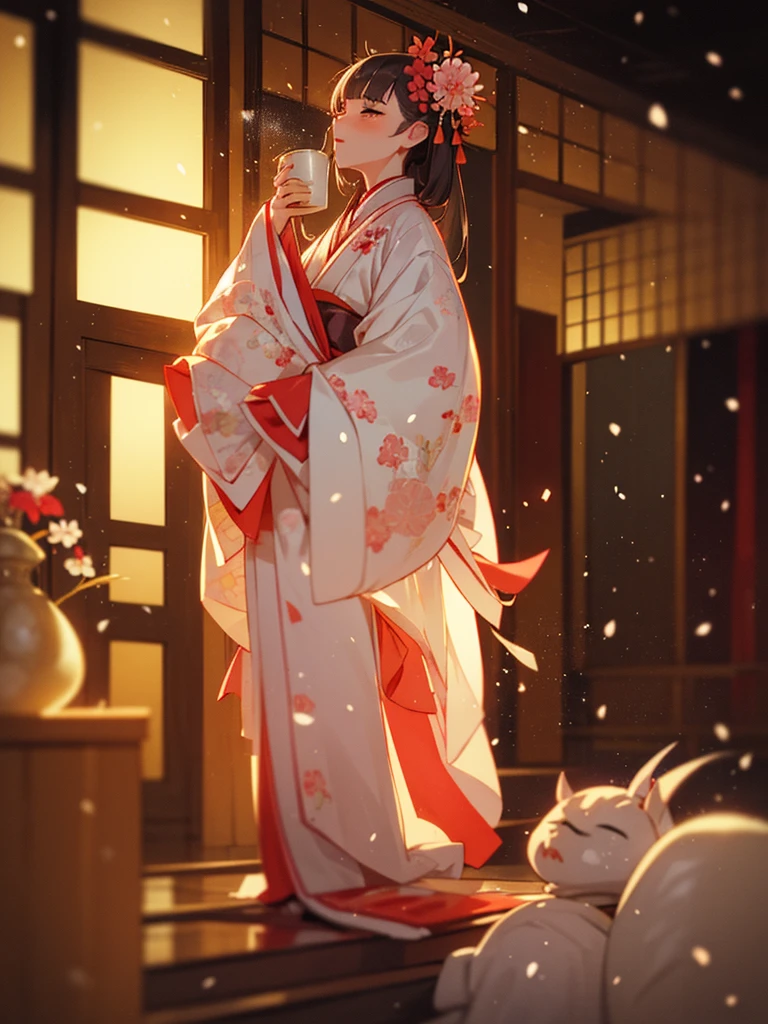 (Sumilux f1.4 50mm , low Latitude old color negative film , cross process , bokeh, flare, chromatic aberration , soft focus, (Shallow focus) , soft glow , Maximum aperture, High Key , Transparent depiction)  , kawaii hentai anime , Elegance  erotica , Japanese Heian period , Shrine maiden girl, kitsune mask , (round Maro eyebrows) , kimono , (Peony flowers blooming:0.8) , Snow is falling , steamy breath , Kagura Dance , passion , Drinking amazake , Drunkard , seduce , Hyakki yagyo emaki , Demons and monsters run rampant , Clothes come undone , semi nude