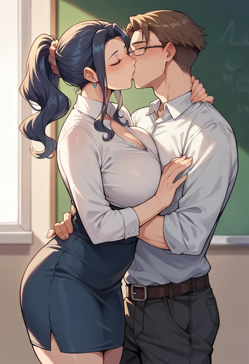 Classroom, white breath、open clothes, Drooling from the mouth、orgasm, (hetero), vaginal penis, (motion line), girl straddling on boy, hug, face to face, kiss, from side,school uniform, blazer, classic style with white shirt, formal look, Thick pubic hair、Fair skin、Updo、Side view、Motion lines of trembling effect with sexual climax