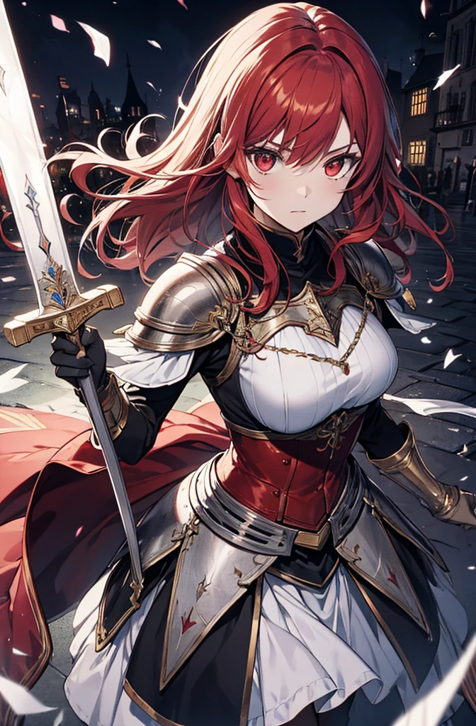 4k,hight resolution,One Woman,Bright red hair,Longhaire,red eyes,knights,white sacred armor,jewel decorations,Big sword,medieval town,furious,
