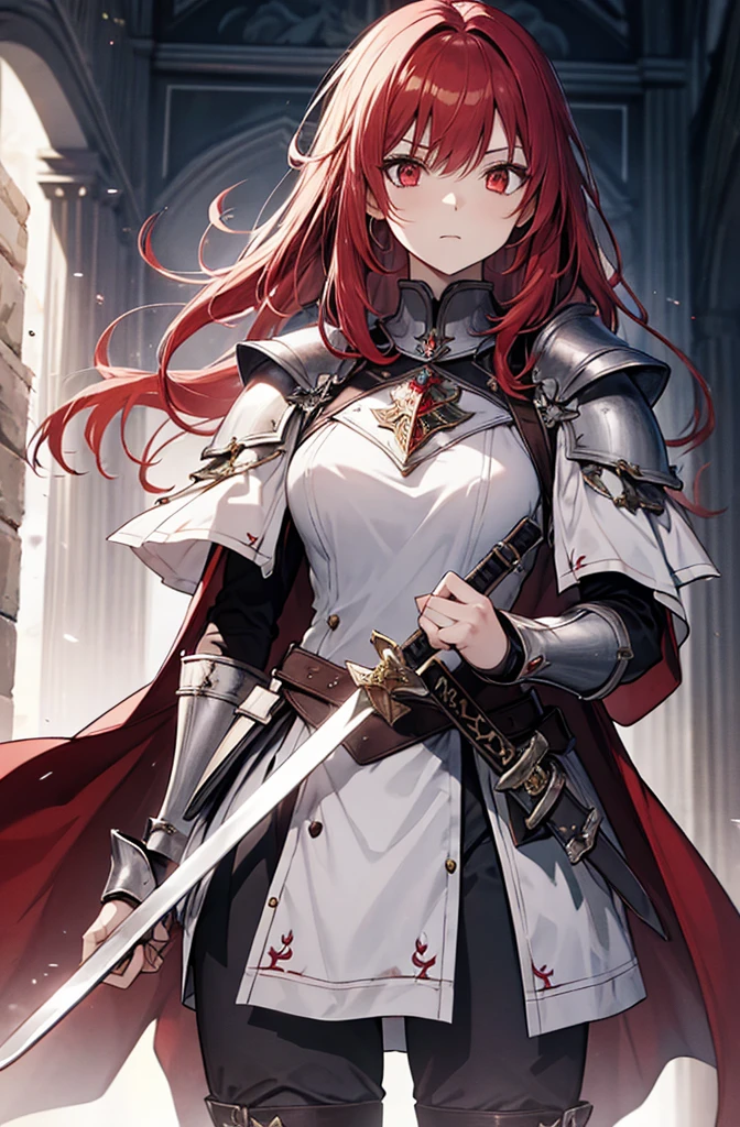 4k,hight resolution,One Woman,Bright red hair,Longhaire,red eyes,knights,white sacred armor,jewel decorations,Big sword,medieval town,furious,