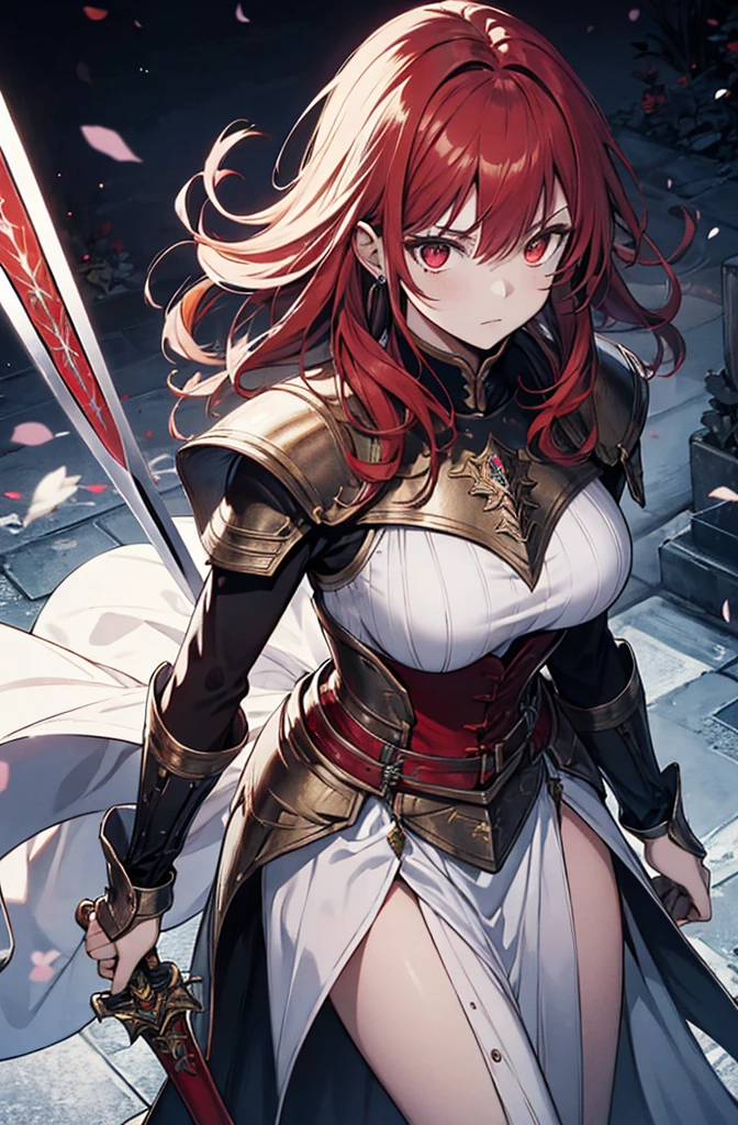 4k,hight resolution,One Woman,Bright red hair,Longhaire,red eyes,knights,white sacred armor,jewel decorations,Big sword,medieval town,furious,