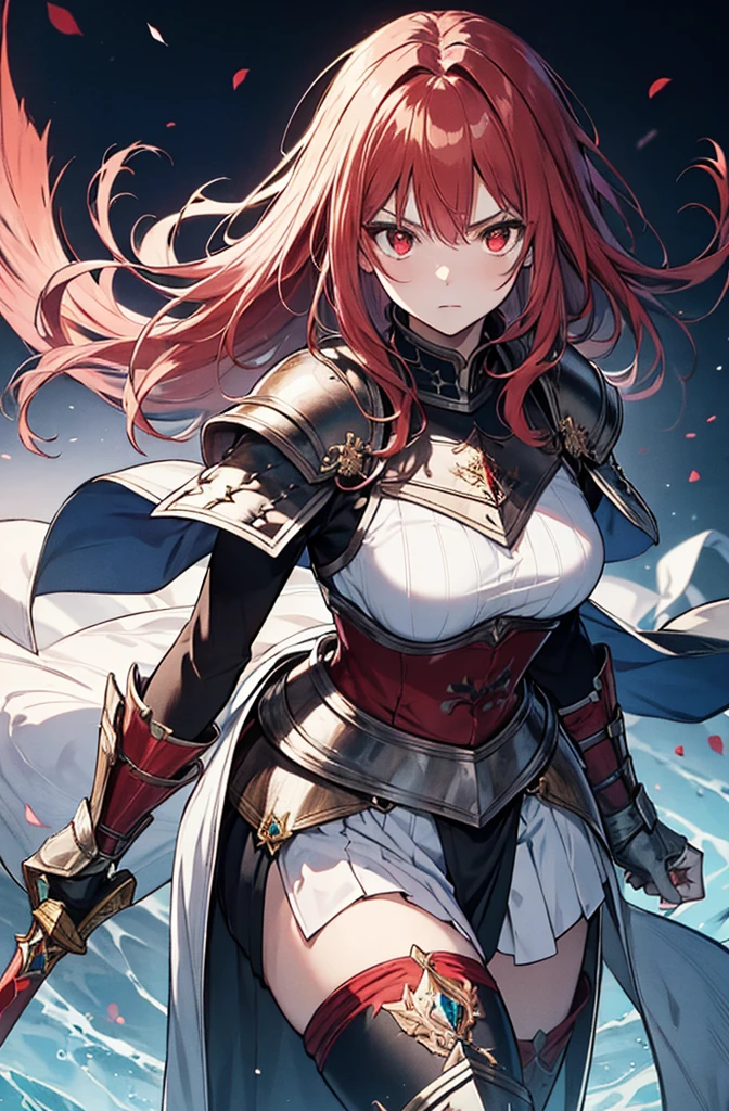 4k,hight resolution,One Woman,Bright red hair,Longhaire,red eyes,knights,white sacred armor,jewel decorations,Big sword,medieval town,furious,
